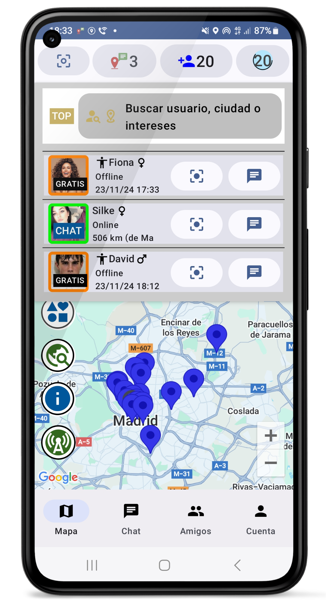 Mapa y menú superior con usuarios cercanos